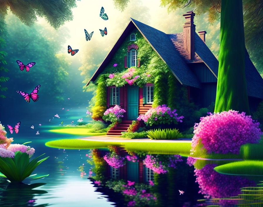 Tranquil pond with lush greenery, flowers, and butterflies