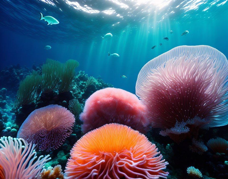 Colorful Coral and Fish in Sunlit Underwater Scene