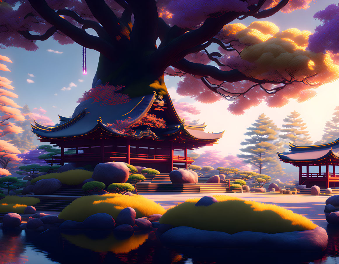 Traditional Japanese temple and tree in serene illustration at sunset or sunrise