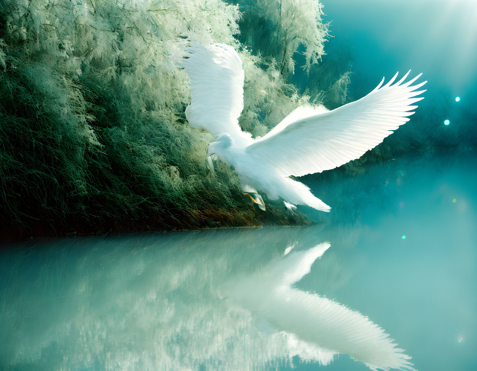 White Eagle Gliding Over Tranquil Water in Mystical Landscape