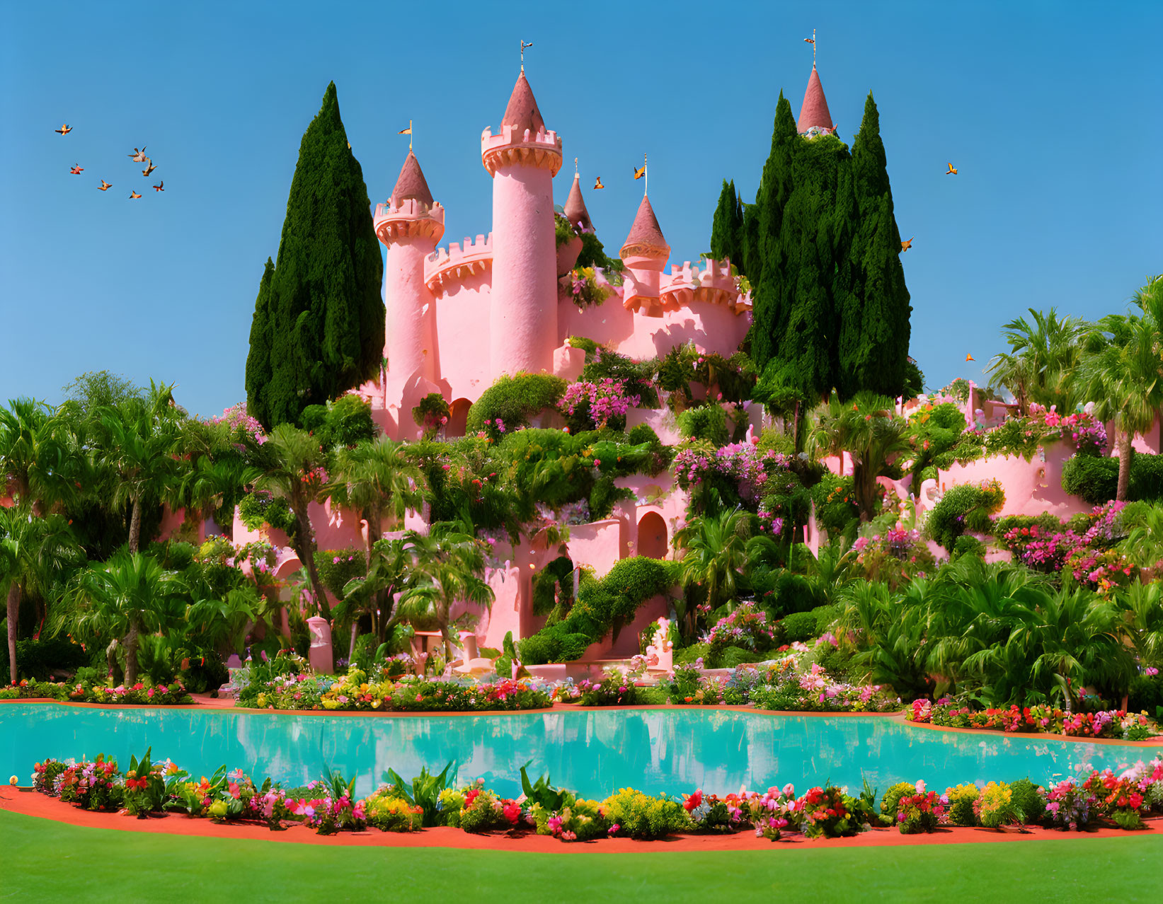 Pink castle in lush greenery with reflecting pool and birds