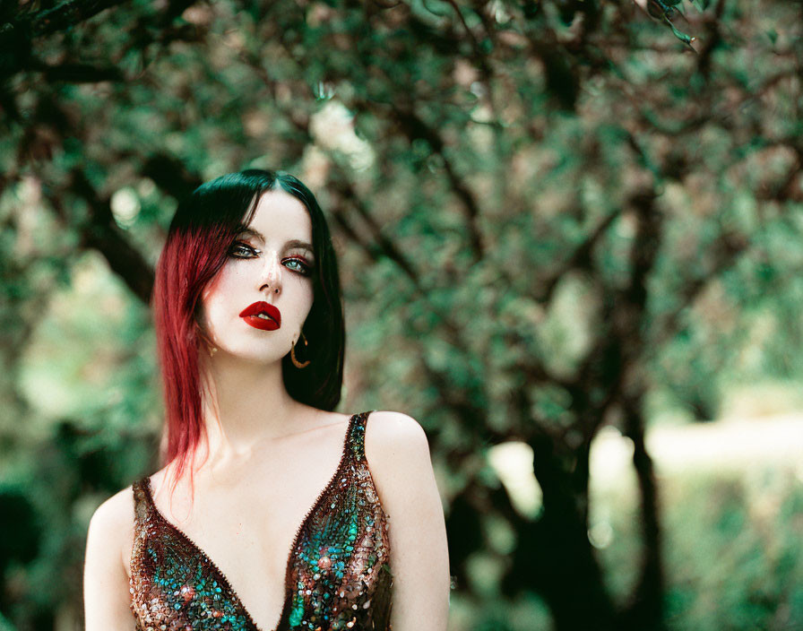 Red and Black Haired Woman in Sequin Attire Poses Under Verdant Tree Canopy