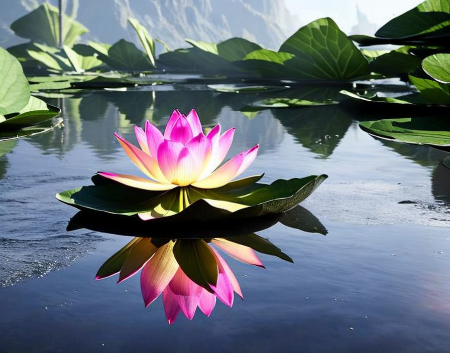 Pink and Yellow Lotus Flower Blooming in Calm Water Landscape