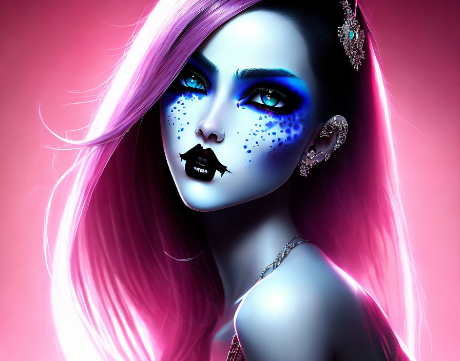 Vibrant digital artwork: woman with blue skin, pink hair, bold makeup, black lips,