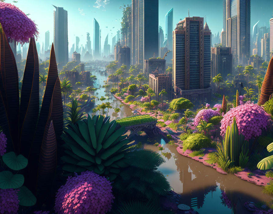 Futuristic cityscape with greenery, pink flora, waterways, and skyscrapers