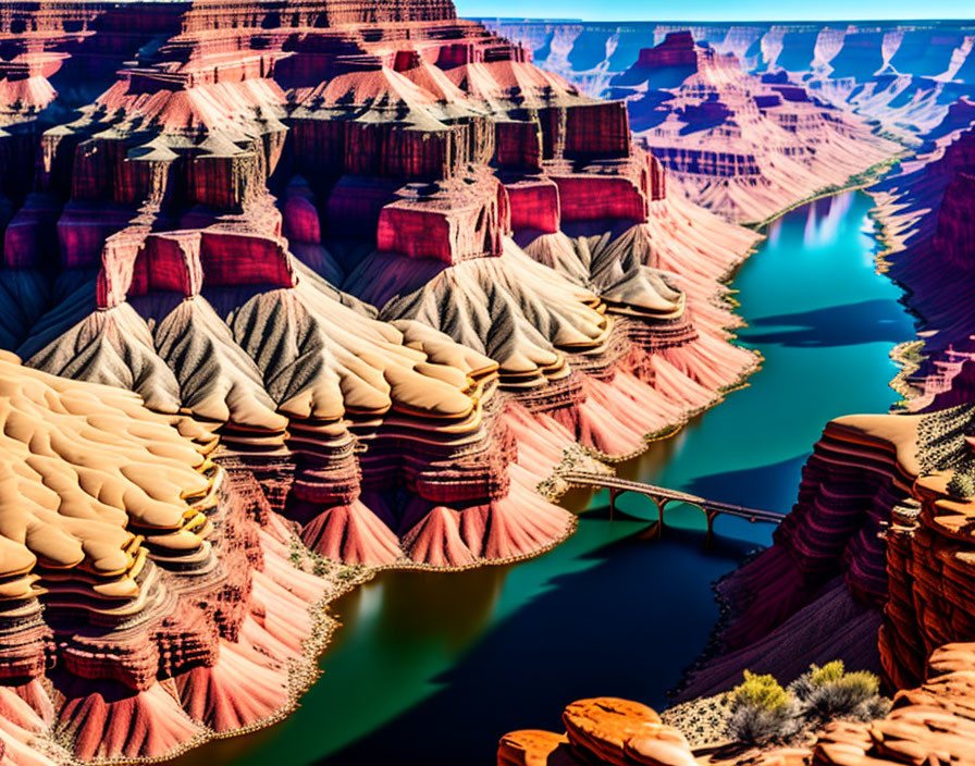 Aerial View of Grand Canyon with River and Bridge