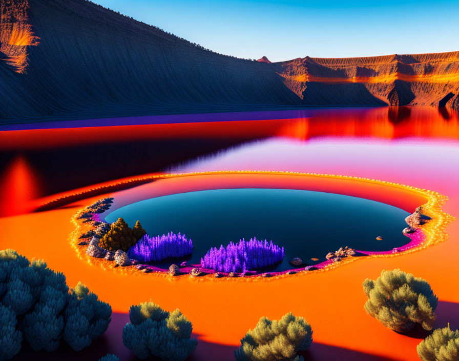 Surreal neon blue lake with purple flora and orange desert