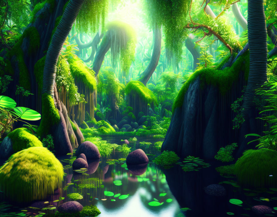 Serene Green Forest with Moss-Covered Rocks & Sunlight Beams