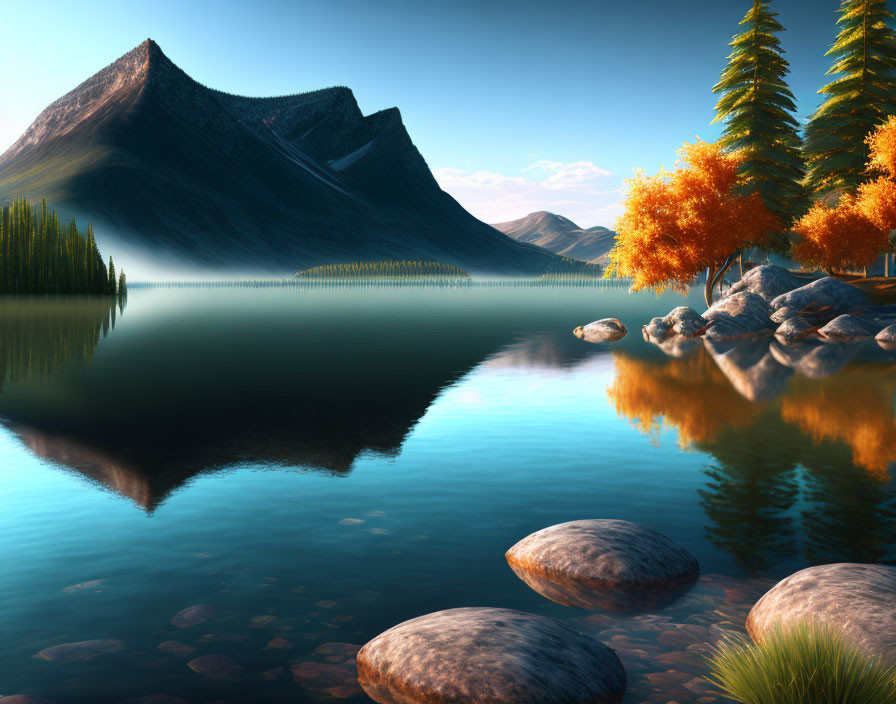 Scenic lake with mountains, autumn trees, and stepping stones