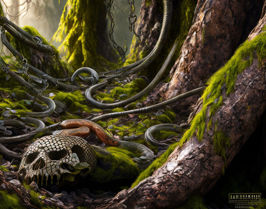 Skull surrounded by mossy roots, snakes, and eerie chains in forest