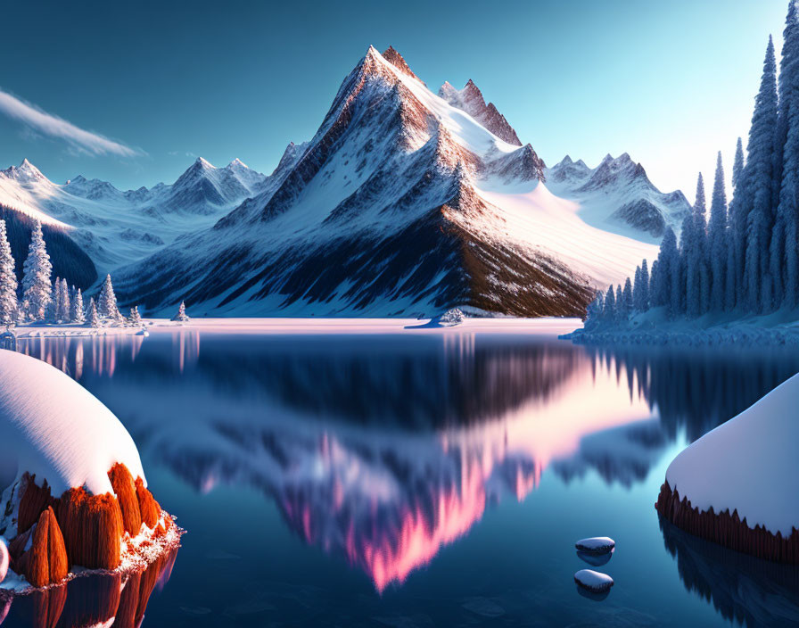 Snow-covered mountain reflected in tranquil lake amid pine trees under clear blue sky