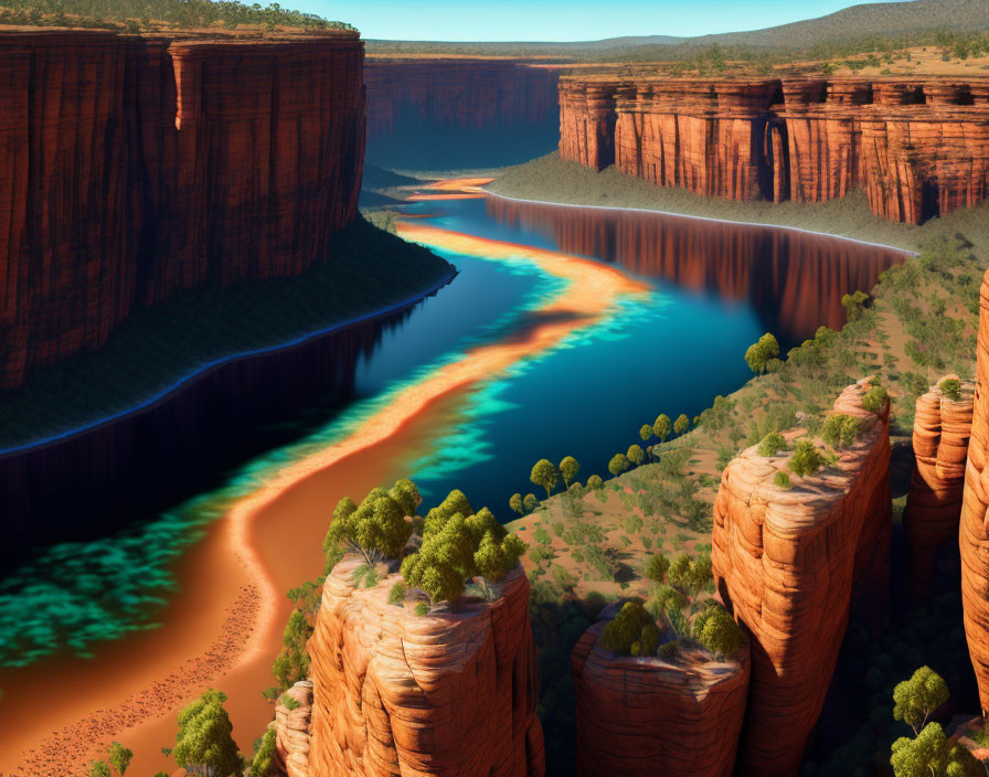 Serene river in canyon with red cliffs and green vegetation