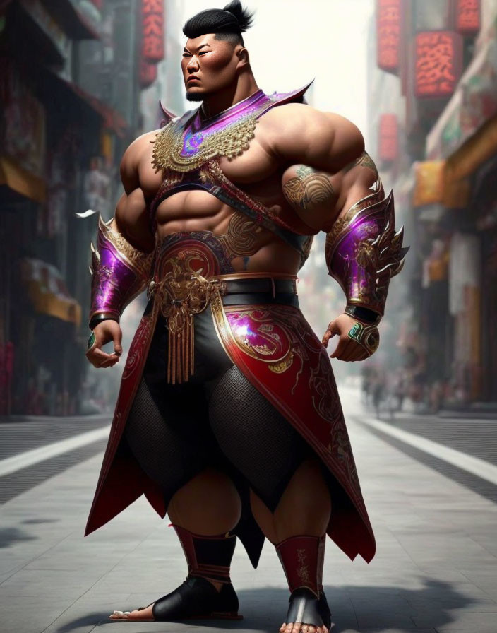 Muscular character in purple and gold armor with Asian motifs and tattoo