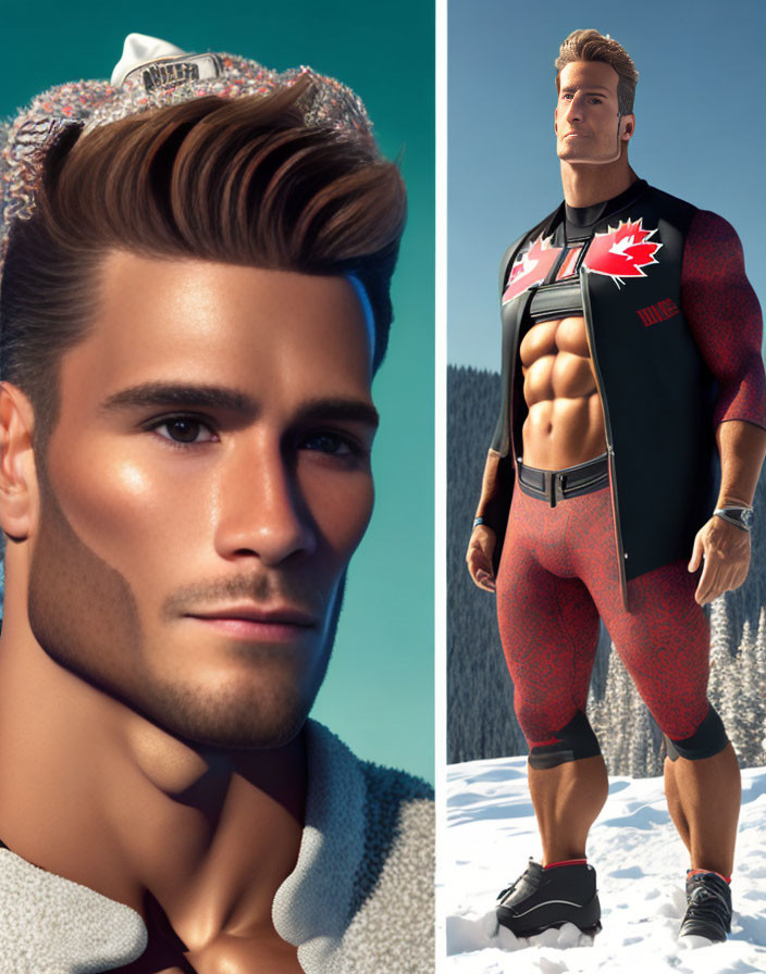 Stylish male character in Canada-themed athletic attire with tiara and black jacket on snowy background