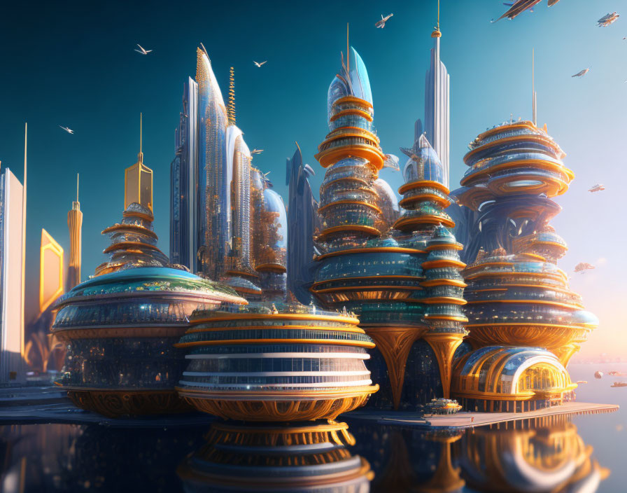 Futuristic Cityscape with Skyscrapers and Flying Vehicles in Clear Blue Sky