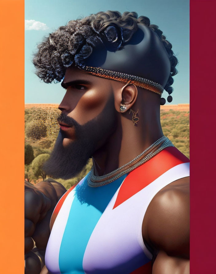 Stylized man with black crown and colorful tank top in desert landscape