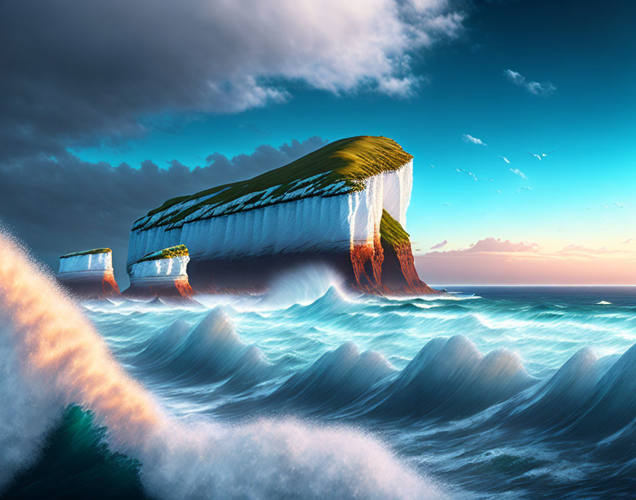 Surreal image of giant book island in tumultuous sea at sunset