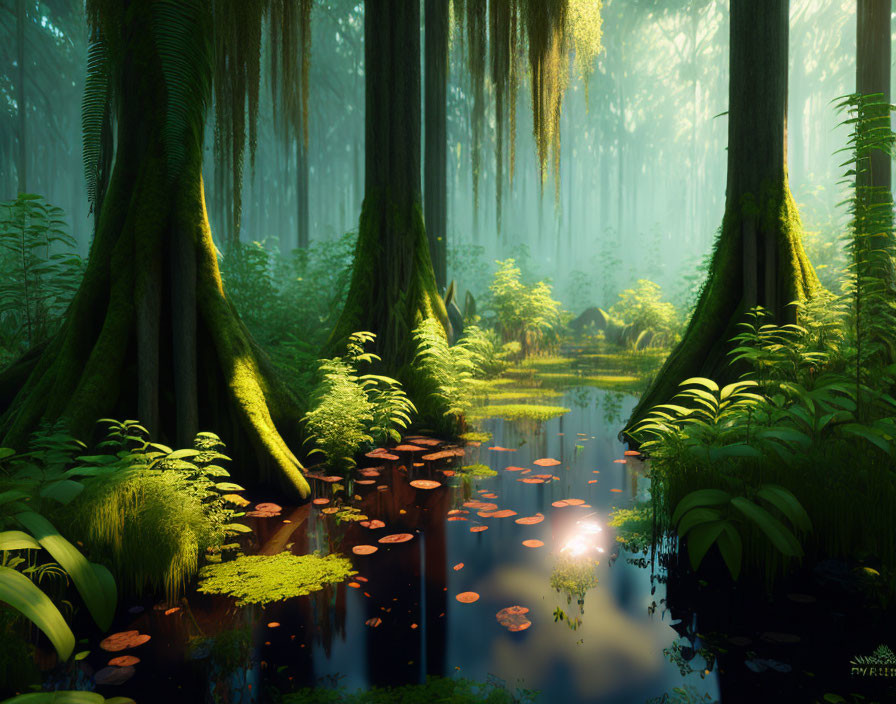 Serene Forest Landscape with Tall Trees and Water Reflections