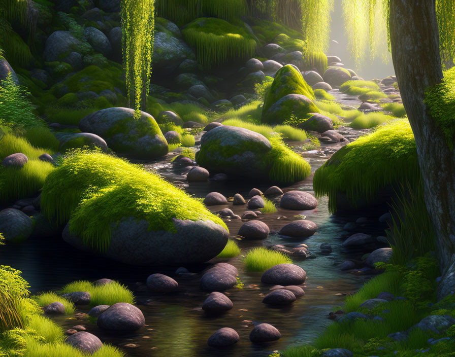 Tranquil forest scene with stream, sunlight, mossy stones, and green foliage