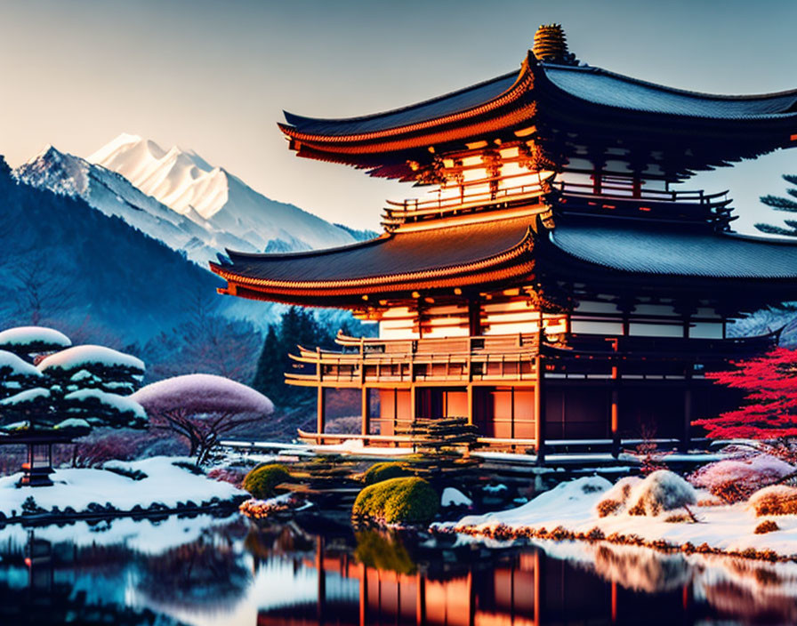 Snow-covered Japanese pagoda by calm pond at dusk