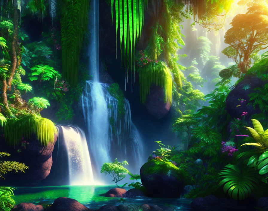 Mystical waterfall in lush green jungle with serene pool