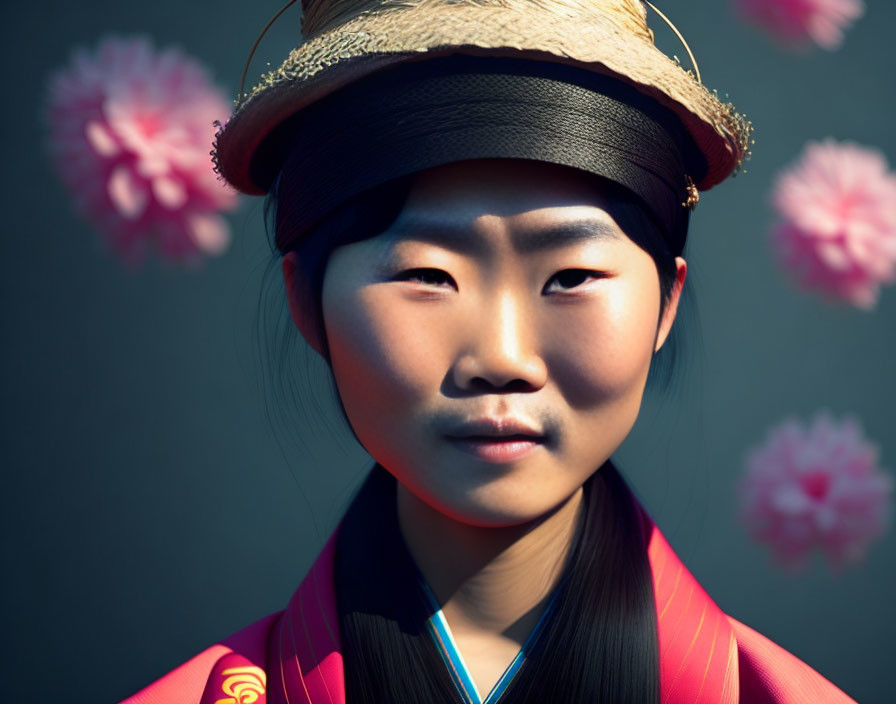 Asian woman in traditional attire with straw hat and pink flowers portrait.