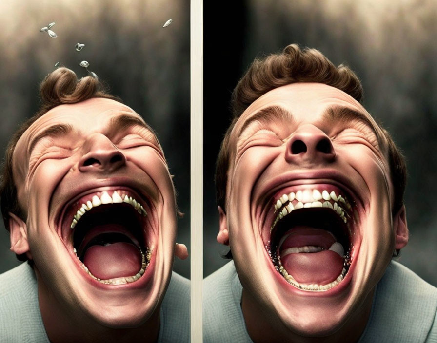 Man in Grey Suit Laughing with Butterflies Flying Around