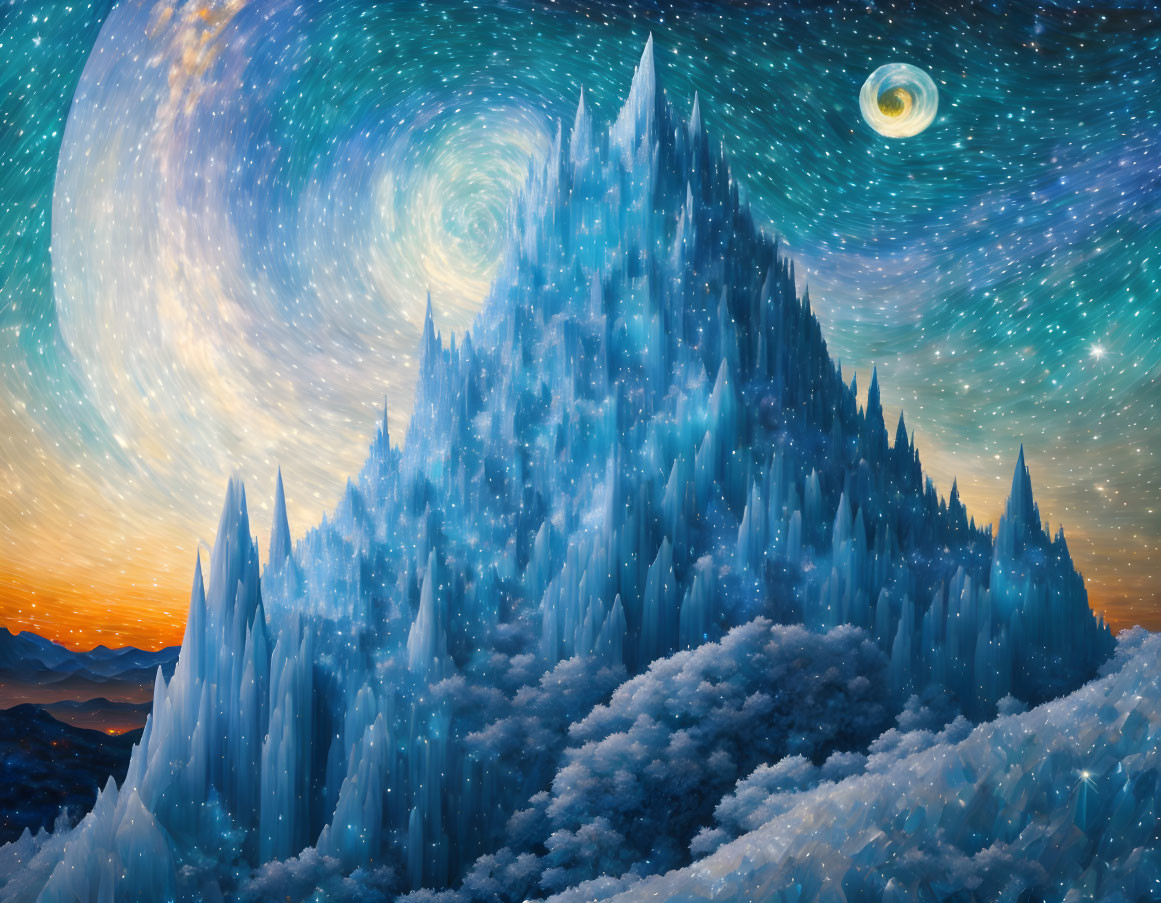 Snowy mountain peak in surreal cosmic landscape