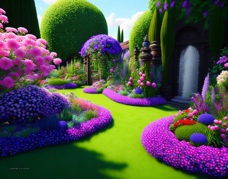 Lush garden with green grass, colorful flowers, stone paths, and dark pillars