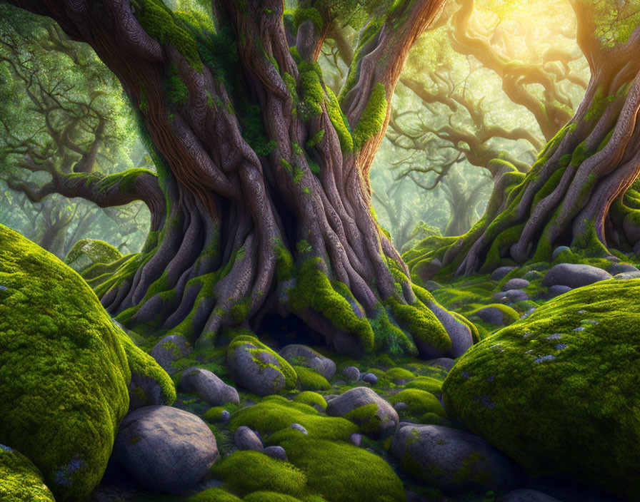 Mystical forest with towering moss-covered trees and lush green moss carpet