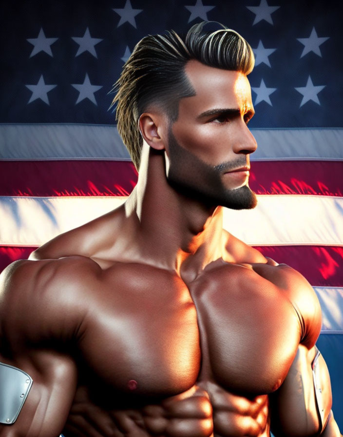 Muscular shirtless male digital portrait against American flag background