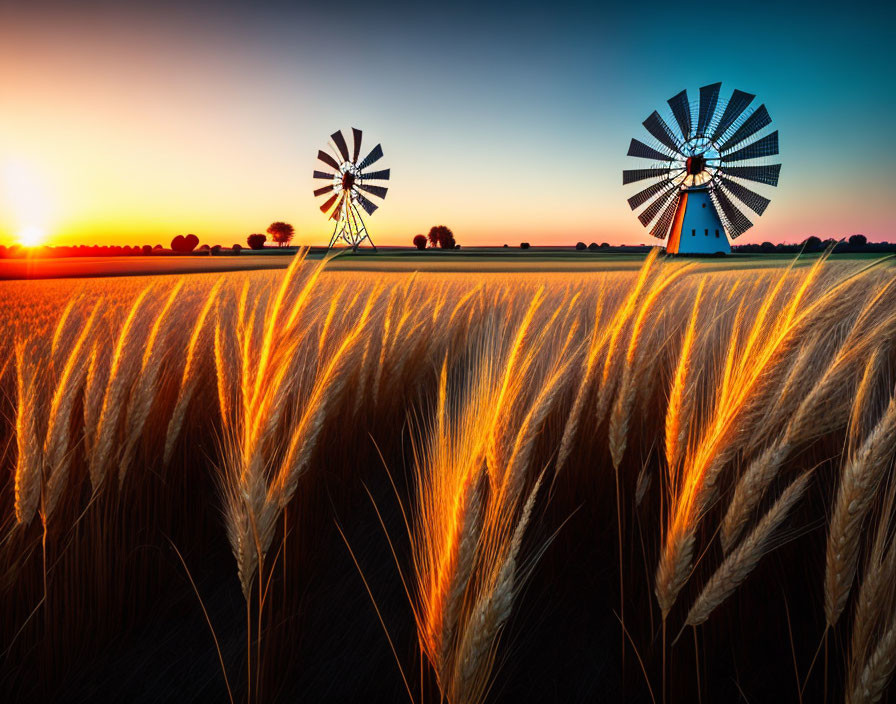 Rural landscape with golden wheat field and two windmills at sunset