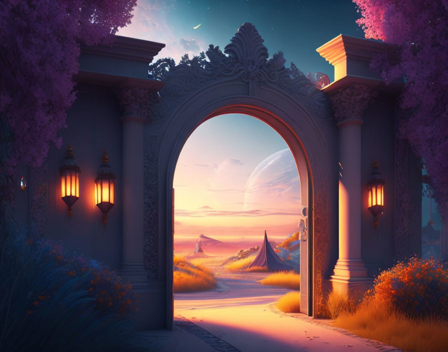 Sunset view through archway with serene landscape, flowers, lanterns, mountains, and crescent