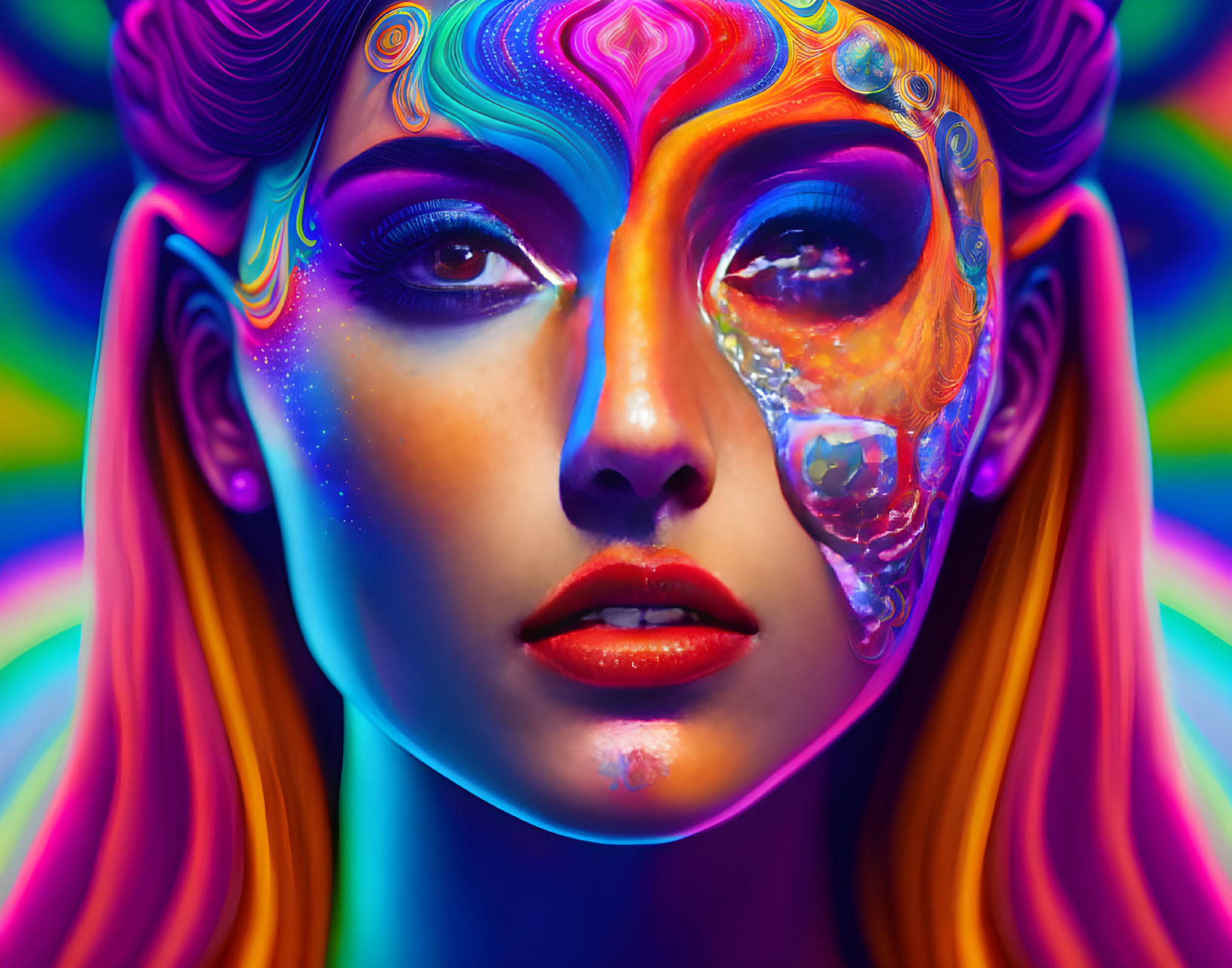 Colorful portrait of a woman with psychedelic face paint and crystal tear on cheek