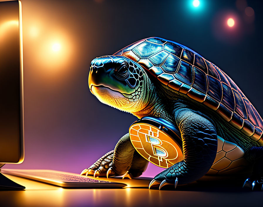 Digital Turtle with Bitcoin Shell on Colorful Bokeh Background