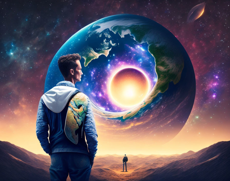 Man looking at oversized surreal Earth and sun in vivid space backdrop