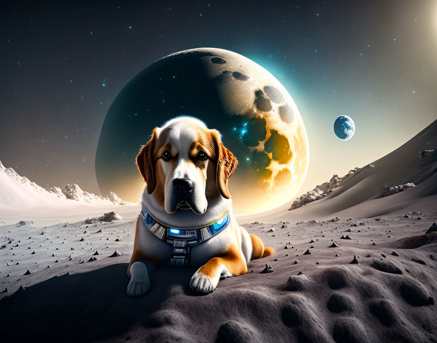 Dog in spacesuit on moon-like landscape with planets in starry sky