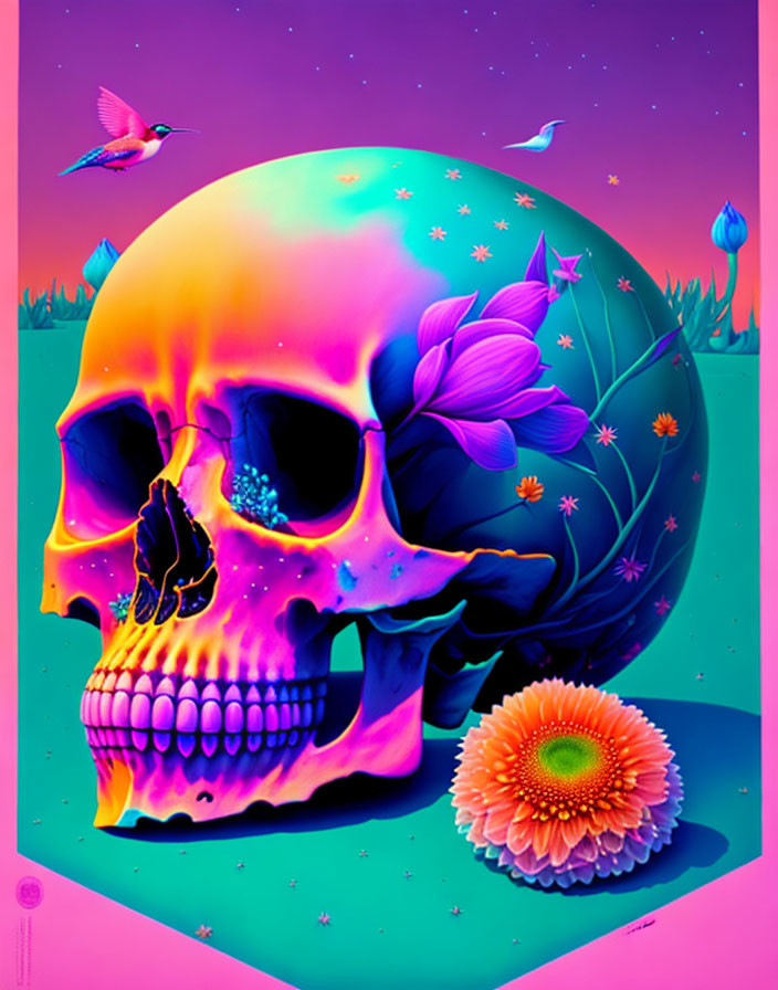 Colorful skull illustration with floral and bird designs on purple-pink gradient.