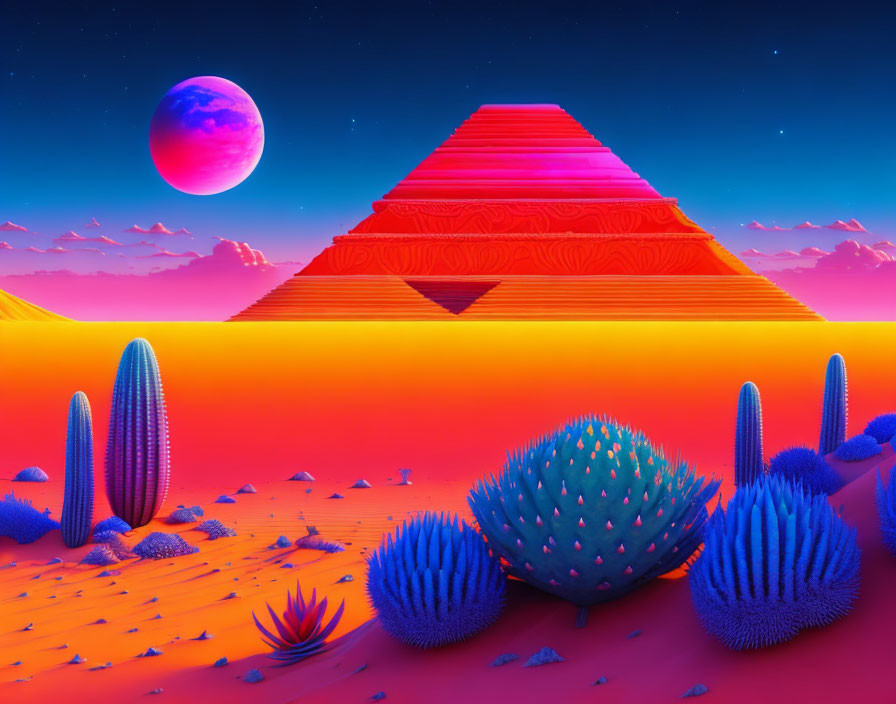 Stylized desert scene with pyramid, blue cacti, pink moon