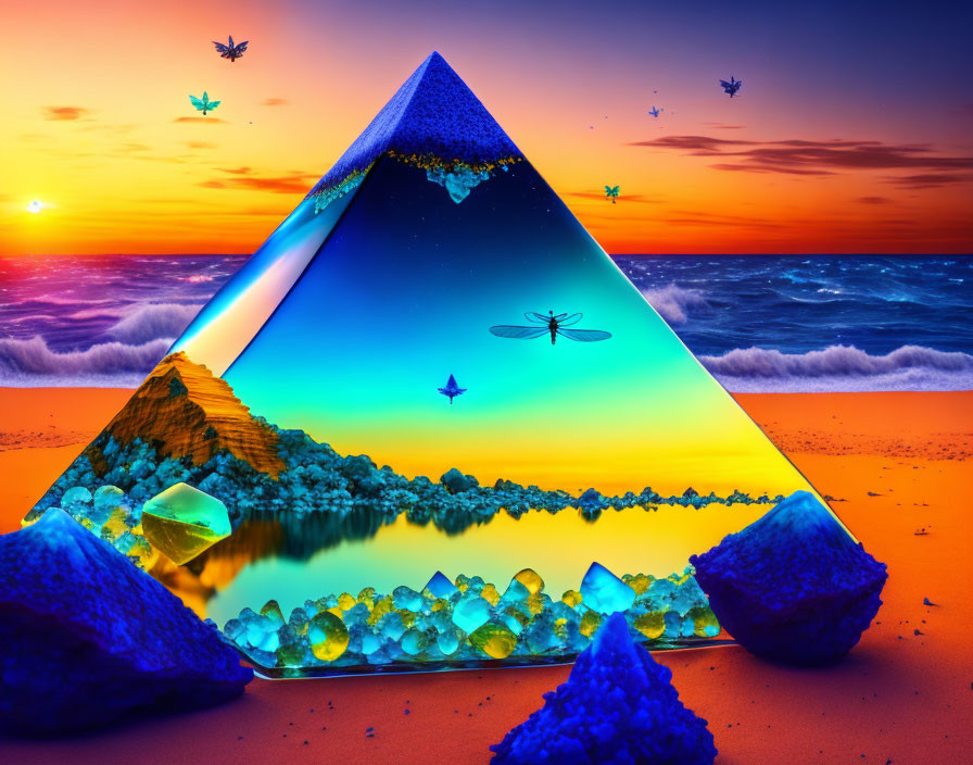 Surreal beach sunset with pyramid portal, crystals, and butterflies