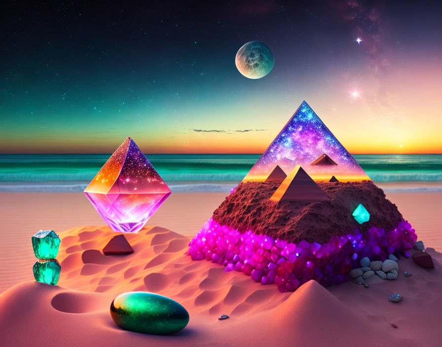 Colorful Gem-Like Pyramids and Crystals on Beach at Twilight