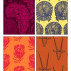 Floral pattern panels in red, blue, and orange on colorful backgrounds