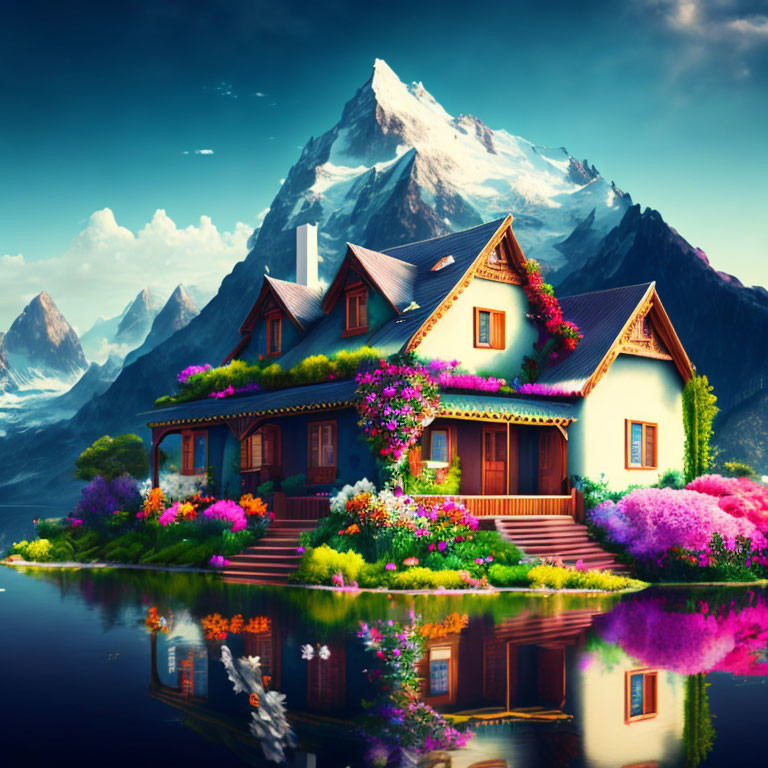 Scenic cottage with vibrant garden by calm lake and mountains