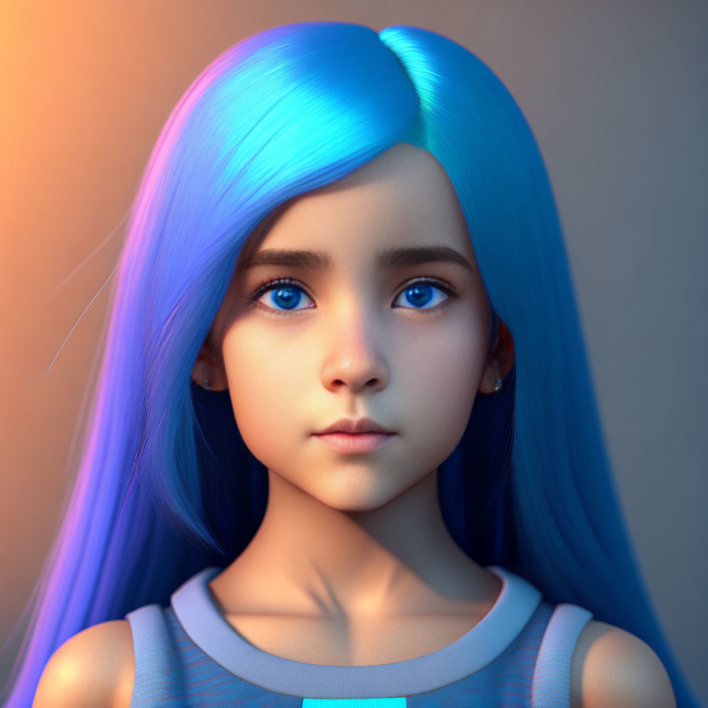 Digital Artwork: Girl with Striking Blue Hair and Detailed Blue Eyes