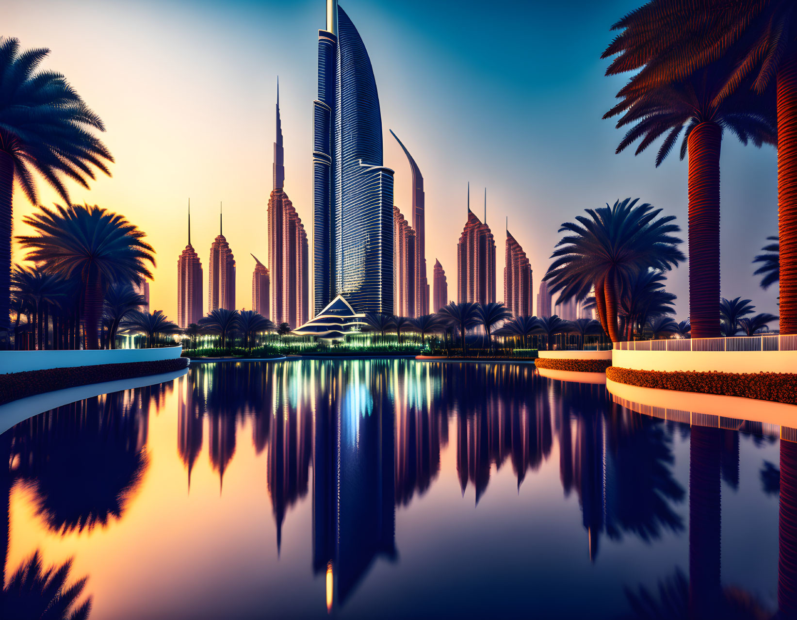 Modern city skyline at sunset with skyscrapers reflected on water, palm trees silhouetted