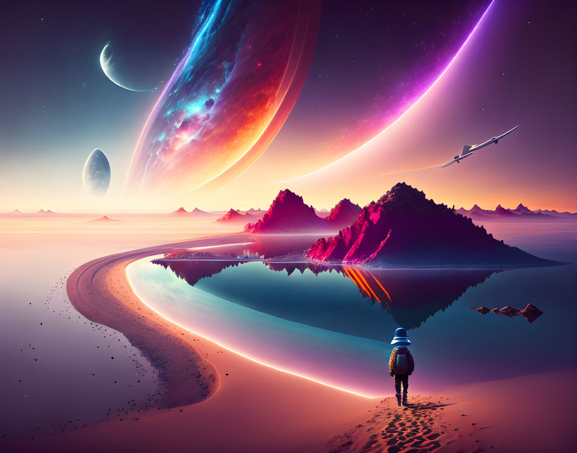 Astronaut on Glowing Shore with Surreal Sky and Giant Planets