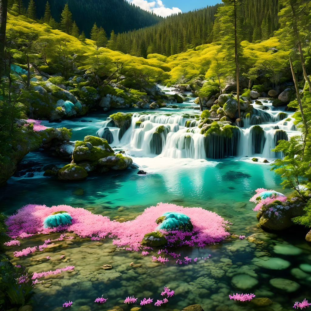 Tranquil waterfall in lush greenery with pink flowers under clear blue sky