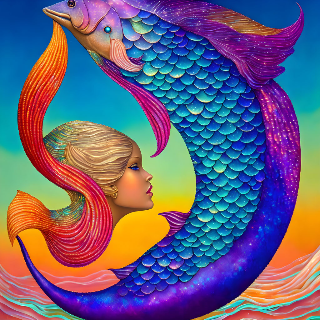 Vibrant Mermaid Illustration with Blue and Purple Tail