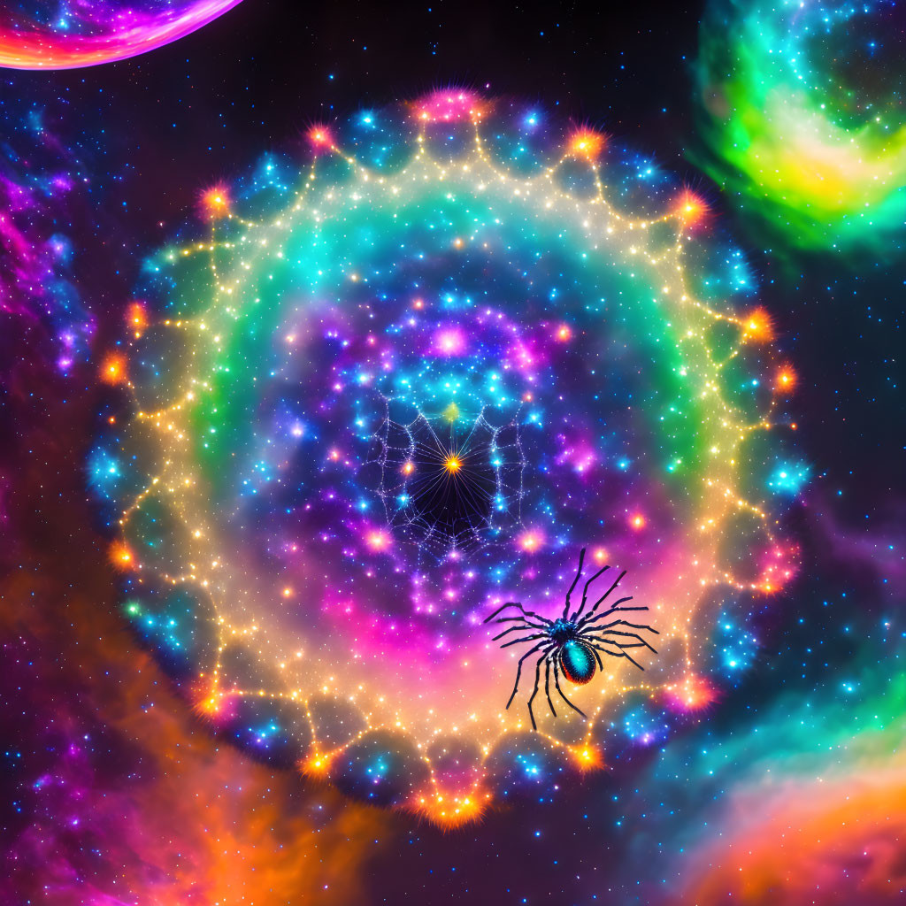 Colorful Cosmic Background with Stylized Spider Silhouette