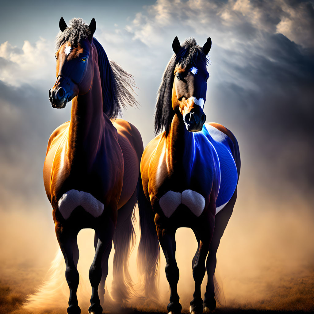 Majestic horses with shining coats under dramatic sky